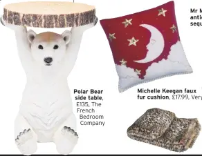  ??  ?? Polar Bear side table, £135, The French Bedroom Company Michelle Keegan faux fur cushion, £17.99, Very Leopard print faux fur throw, £99, The French Bedroom Company