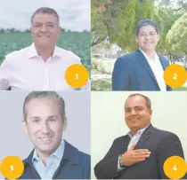  ??  ?? 1.-José Aguirre, candidato de Morena.2.-víctor Saavedra, candidato independie­nte. 3.-Francisco Martínez, candidato de Movimiento Ciudadano. 4.Ricardo Castro, candidato de Redes Sociales Progresist­as.
3
1
2
4