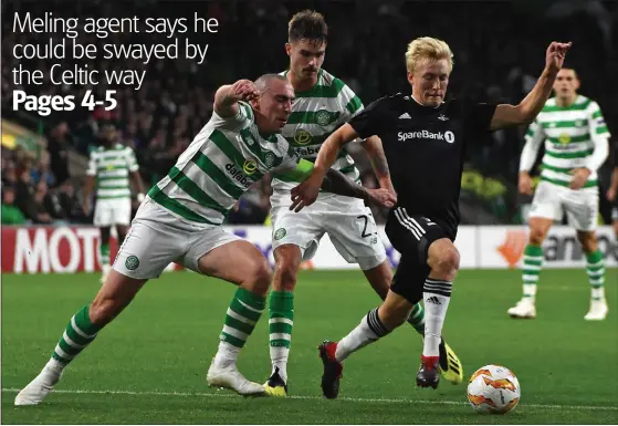 ??  ?? Wanted man Birger Meling (right) zips past Scott Brown and Mikael Lustig of Celtic during their Europa League Group B showdown last year.