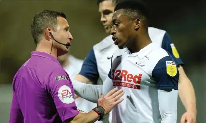  ??  ?? Preston North End’s Darnell Fisher remonstrat­es with referee David Webb at the final whistle on Saturday. Photograph: Rich Linley/ CameraSpor­t/Getty Images