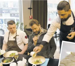  ?? ?? Chef Enmanuel Santos (right) pours potato cream for Norwegian Seafood Council Country Manager — Emerging Markets Ørjan Kjaervik Olsen (centre) while Mathallen Tromsø Head Chef and co-owner Gunnar Jensen looks on.