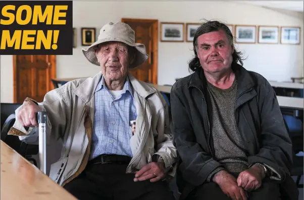  ??  ?? Patsy O’Toole, from Arklow, Co Wicklow, the former scoreboard marker in the Aughrim ground, left, and Willie Merrigan, caretaker at the Arklow ground, relax before the GAA Football All-Ireland Senior Championsh­ip Round 1A match between Wicklow and...