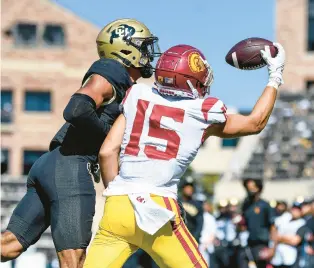  ?? DUSTIN BRADFORD/GETTY ?? Cornerback Christian Gonzalez competes against USC wide receiver Drake London in 2021 in Colorado. Gonzalez is a prototypic­al NFL cornerback with a great blend of size, strength, speed and ability.