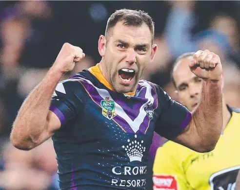  ??  ?? STAYING POWER: Cameron Smith of the Storm celebrates on the final whistle during the qualifying final.