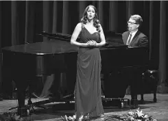  ?? Government of Alberta ?? Calgary Opera singer Natalie Fagnan and accompanis­t Mel Kirby paid tribute to Lougheed with a musical performanc­e.