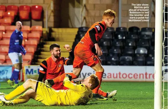  ??  ?? The late show: Murray gets ahead of keeper Robinson to net the leveller and earn a point for McKinnon’s men