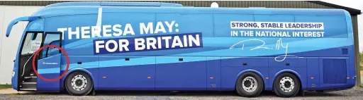  ??  ?? Asset: Theresa May’s name is emblazoned on her blue bus with just one small mention of the Conservati­ve Party (circled)