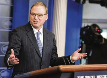  ?? OLIVER CONTRERAS / SIPA USA ?? White House Council of Economic Advisers Chairman Kevin Hassett said higher wages will come with time, citing the low unemployme­nt rate, growth in capital spending and rising productivi­ty.