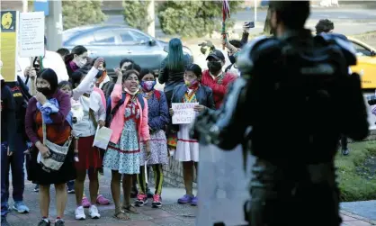  ?? Photograph: Mauricio Dueñas Castañeda/EPA ?? A group of Embera indigenous people protest against the rape of a 12-year-old girl belonging to the Embera people, in Bogotá Colombia, on Monday.