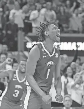  ?? KELLEY L COX/USA TODAY SPORTS ?? Arkansas guard JD Notae (1) reacts after a play against Gonzaga during the West Regional on Thursday.