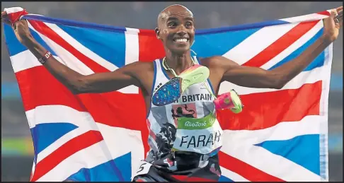  ??  ?? Mo Farah celebrates winning the men’s 5000 metres at the Olympic Stadium in Rio, completing a double-double of golds after his successes in 2012