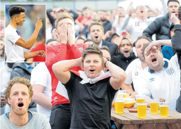  ??  ?? Oh no...England fans in Newcastle upon Tyne cannot believe the penalty for Tunisia; inset, England’s Trent Alexander-Arnold applies some bug spray