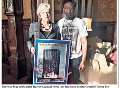  ??  ?? Theresa May with artist Damel Carayol, who lost his niece in the Grenfell Tower fire