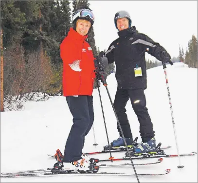  ?? ,:-& 5":-03 1)050 ?? Olympic champion Nancy Greene gives writer Steve MacNaull a few tips before they race on the new ski and snowboard cross course at Sun Peaks Resort near Kamloops, B.C.