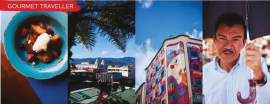  ??  ?? CLOCKWISE (FROM TOP LEFT) French Toast with Ice Cream and Strawberri­es at Manos en la Masa; San José as seen from the Hotel Presidente; a colourful mural adorns a building; a visitor to the farmers’ market; art in Rávi Gastropub; a market pit stop; taking a break from shopping; the Rávi interior.