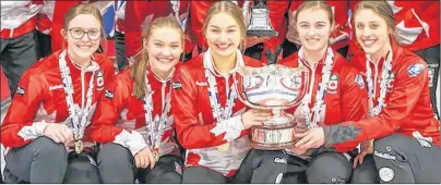  ?? PHOTO SPECIAL TO THE GUARDIAN BY RICHARD GRAY ?? The Canadian women’s team at the world junior curling championsh­ips in Aberdeen, Scotland, displays its trophy and gold medals after winning the world title. Front row, from left, is alternate and New Dominion native Lauren Lenentine, lead Lindsay...