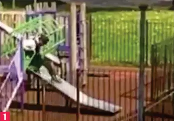  ??  ?? ’Ello, ’ello, what’s all this then! The uniformed policeman cannot resist climbing on to the slide in the children’s playground in North London and letting himself go