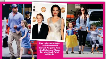  ??  ?? Free to be themselves: Liev Schreiber with Samuel; Angelina Jolie with Shiloh; and Megan Fox with Noah (left) and Bodhi.