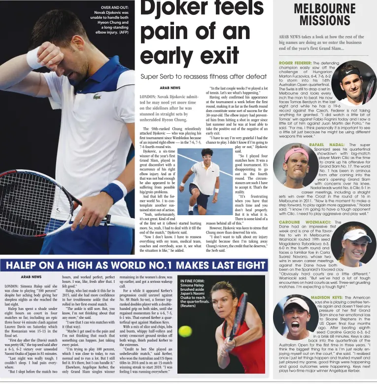  ??  ?? OVER AND OUT: Novak Djokovic was unable to handle both Hyeon Chung and a long-standing elbow injury. (AFP) IN FINE FORM: Simona Halep brushed aside Japan’s Naomi Osaka to reach the quarterfin­als. (Reuters)