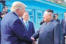  ?? KOREAN CENTRAL NEWS AGENCY/KOREA NEWS SERVICE ?? North Korean leader Kim Jong Un, right, bids farewell to U.S. President Donald Trump and South Korean President Moon Jae-in.
