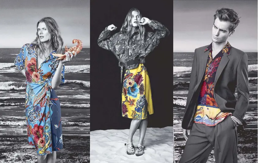  ??  ?? In Paul Smith’s latest campaign, accents of color are used to highlight the Ocean print — a new take on the classic Hawaiian shirt motif, inspired by ’50s surfer fashion and Tokyo.