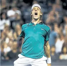  ??  ?? Denis Shapovalov, of Richmond Hill, Ont., celebrates his win, in three sets, against Nick Kyrgios during the first round of the Rogers Cup Monday in Toronto.
