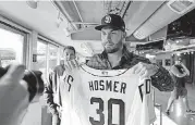  ?? [AP PHOTO] ?? San Diego Padres first baseman Eric Hosmer will wear No. 30 this season in honor of late Kansas City teammate Yordano Ventura.