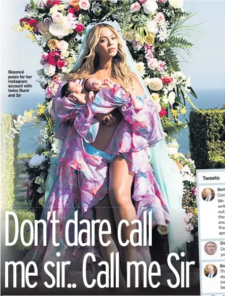  ??  ?? Beyoncé poses for her Instagram account with twins Rumi and Sir