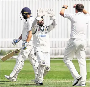  ?? Picture: Sean Aidan FM15372560 ?? Lordswood bowler James Anyon celebrates the wicket of Sandwich opener Zach Fagg for four on Saturday