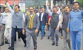  ??  ?? ■ State Congress president Sukhvinder Singh Sukhu (third from right) and other Congress legislator­s coming out the Vidhan Sabha in Shimla on Friday. DEEPAK SANSTA/HT