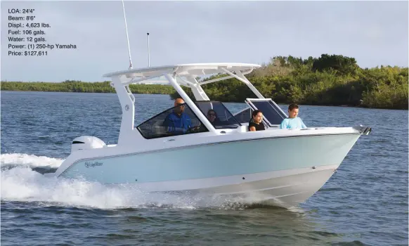  ??  ?? LOA: 24'4" Beam: 8'6" Displ.: 4,623 lbs. Fuel: 106 gals. Water: 12 gals. Power: (1) 250-hp Yamaha Price: $127,611