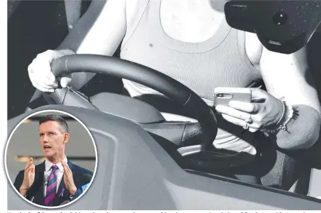  ?? ?? Hundreds of Queensland drivers have been caught on new hi-tech cameras using their mobile phone, with some also not wearing a seatbelt, with Transport Minister Mark Bailey (inset) slamming their behaviour.