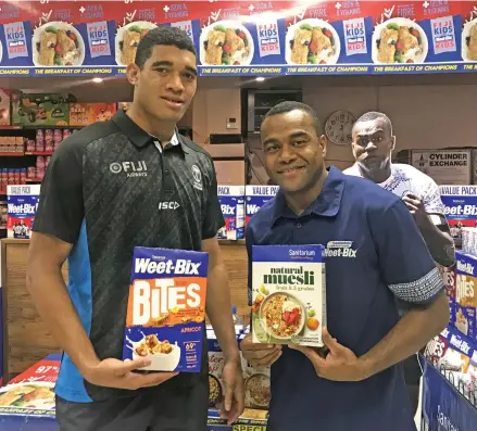  ?? Photo: Anasilini Natoga ?? Fiji Airways Fijian 7s stars Meli Derenalagi (left) and Alasio Naduva in Suva on August 9, 2019.