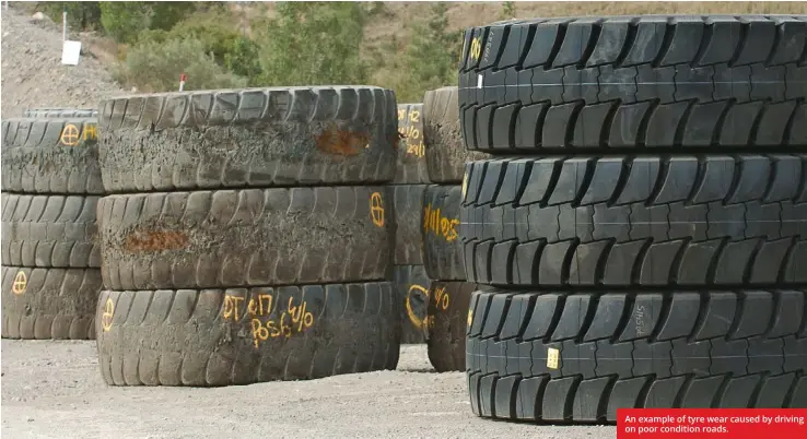  ?? ?? An example of tyre wear caused by driving on poor condition roads.