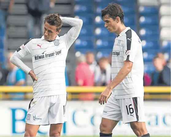  ?? Pictures: SNS ?? Above: dejected Dundee duo Danny Williams and Julen Etxabegure­n at full time at Inverness; opposite page, clockwise from top: Steven MacLean, who was missed in Sunday’s draw with Hamilton, in action against Aberdeen; Forfar boss Gary Bollan, one of...