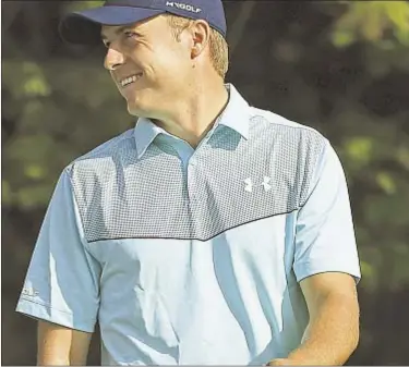  ?? GETTY ?? Jordan Spieth is all smiles at Glen Oaks Saturday while taking a three-stroke lead heading into final round of Northern Trust, aided by three consecutiv­e birdies starting on the 14th hole.
