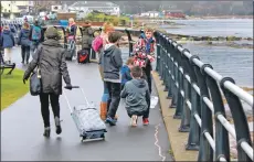  ?? B12penny03 ?? Bemused ferry passengers look on at the line of pennies with many commenting and donating to the cause.