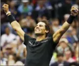  ?? JULIO CORTEZ — THE ASSOCIATED PRESS ?? Rafael Nadal reacts after beating Kevin Anderson to win the men’s singles final at the U.S. Open on Sunday.