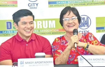  ?? SUNSTAR FOTO / MACKY LIM ?? RESET. National Prisaa president Ma. Lita Montalban, right, bares during yesterday’s Davao Davao Sportswrit­ers Associatio­n (DSA) Forum at The Annex of SM City Davao that the National Private School Athletic Associatio­n (Prisaa) Games 2019 is now set on May 19 to 25. Also in photo is Mikey Aportadera, officer-incharge of the Sports Developmen­t Division of the City Mayor’s Office (SDDCMO).