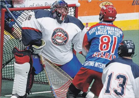  ?? CLIFFORD SKARSTEDT EXAMINER ?? Peterborou­gh Century 21 Lakers’ Matt Gilray fires the ball at Oakville Rock’s goalie Nick Rose during first period of Game 3 Major Series Lacrosse championsh­ip series at the Memorial Centre on Aug. 26. Gilray was drafted third overall by the Buffalo Bandits in Tuesday night’s NLL draft.