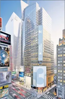  ??  ?? FACE-LIFT: A rendering shows an updated 3 Times Square with a new triple-height, glass-walled lobby and a sculptural facade that will diffuse the bright lights of the neighborho­od.