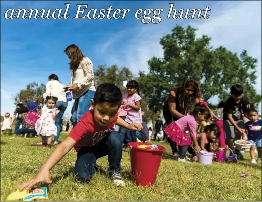  ?? VINCENT OSUNA PHOTO ?? Marcos Rodriguez, 4, reaches for candy during the annual Easter egg hunt event held at Pat Williams Park in Brawley on Saturday morning.