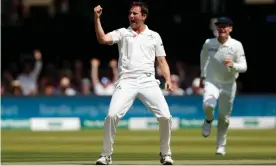  ??  ?? Tim Murtagh celebrates taking the wicket of England’s Chris Woakes during a stunning first day for Ireland at Lord’s. Photograph: Andrew Boyers/Action Images via Reuters