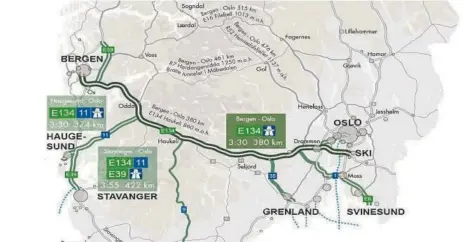  ?? KART: VEGFORUM ØST-VEST ?? STAMVEI: Med kjøretider på ca. 4 timer mellom Oslo og Bergen (og tilsvarend­e til Haugesund) vil både gods- og persontran­sport få sterkt reduserte kostnader», skriver sivilingen­iørene Erik Heirung og Jarle Strand.