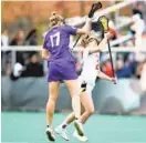  ?? DANIEL KUCIN/FOR BALTIMORE SUN ?? Maryland midfielder Shaylan Ahearn, right, shown during a game on March 26, outdueled Duke’s Maddie Jenner, the nation’s leader in draw controls, to help the Terps beat
Duke 19-6 in an NCAA Tournament game on Sunday.