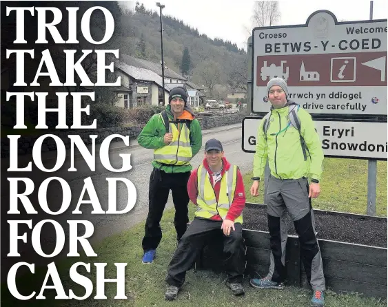  ??  ?? Richard Morgan, Michael Ward and Rory Evans walked the 186-mile length of the A470 from Llandudno to Cardiff for charity Powys Sands