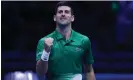  ?? ?? Novak Djokovic celebrates after beating Andrey Rublev at the ATP Finals in Turin. Photograph: DeFodi Images/Getty Images
