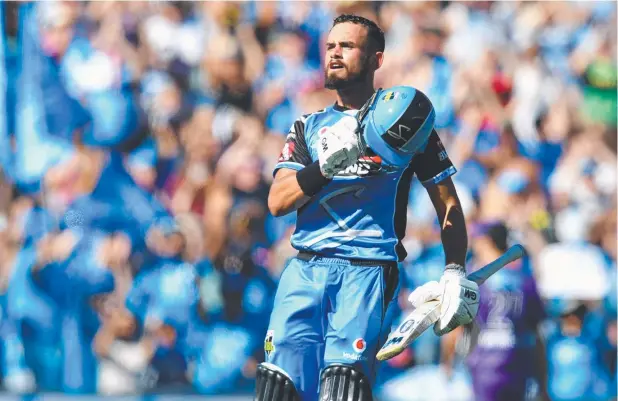  ?? Picture: DAVID MARIUZ ?? TON OF FUN: Striker Jake Weatherald celebrates his century during the Big Bash League final against the Hobart Hurricanes at Adelaide Oval yesterday.