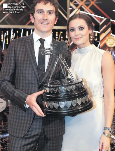  ??  ?? VICTORIOUS: Cyclist Geraint Thomas with his wife Sara Elen