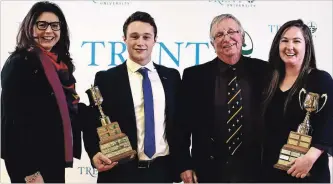  ?? SPECIAL TO THE EXAMINER ?? The Arthur Cup was presented Tuesday to two athletes at Trent University's annual athletic awards banquet at the Trent Athletics Complex. From left, athletics and recreation director Deborah Bright-Brundle, men's winner rower Dayton Kelly, former...